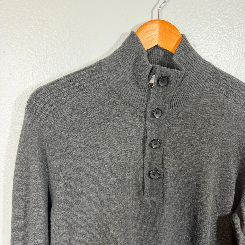 Banana Republic Sweater Mens L Dark Charcoal Mock Neck Button Zip Merino Wool